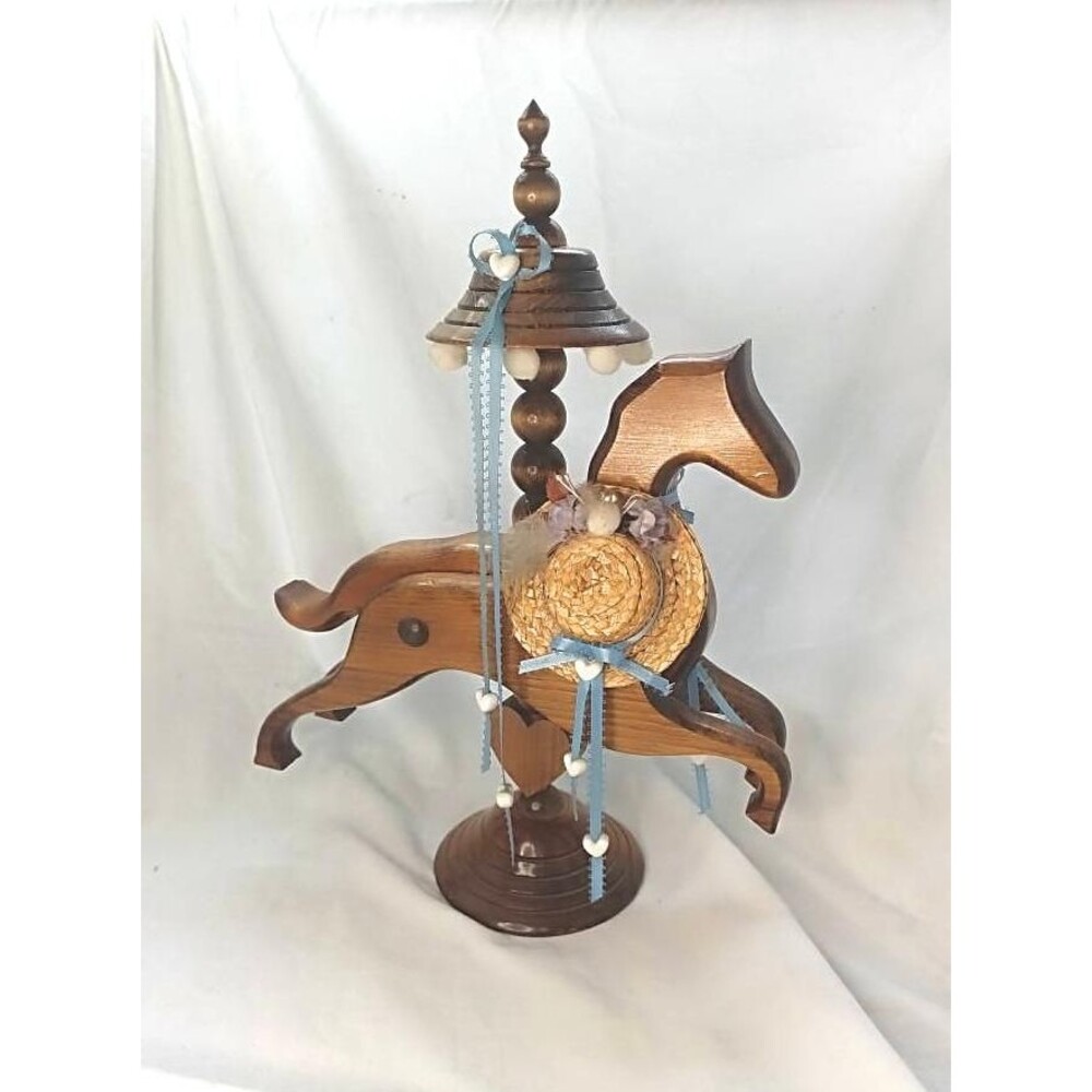 Large Wooden Carousel Horse with Ribbons and Hat